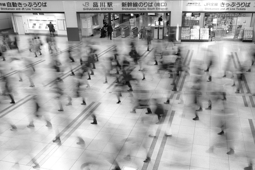 I was up at an ungodly hour to make it to the Tsukiji Fish Market, in Tokyo. With so many amazing things to see in the city, I had hardly slept, and managed to get off at the wrong station. Wave after wave of people kept coming through the station passageway. I spied a coffee shop with a vantage point and managed to snap a free shots, camera resting on the ledge. After the caffeine kicked in, i was ready to brave the river of people...